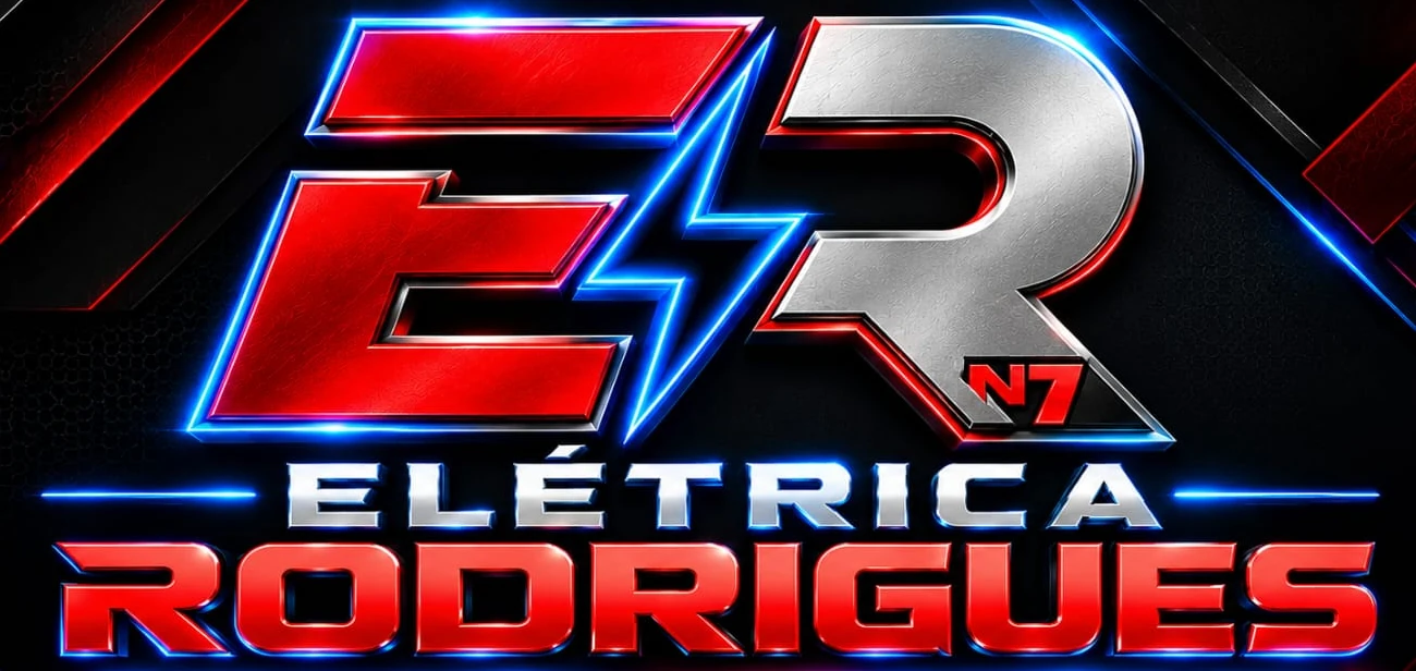 Logo oficial da Elétrica Rodrigues, nas cores vermelha, azul e prata